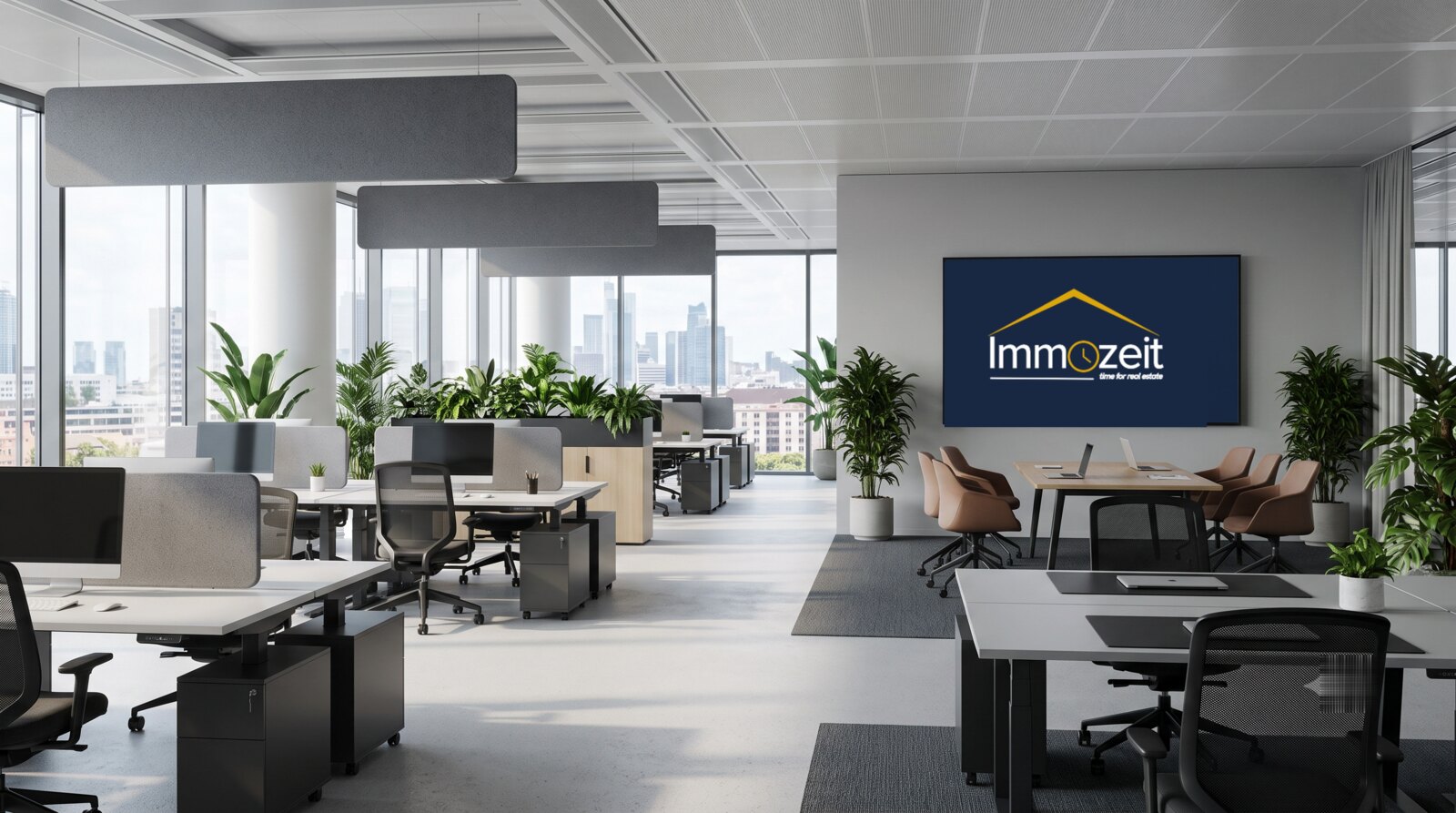 Modernes Haake Immobilien-Büro – helle Innenansicht mit dem Haake Immobilien-Logo auf dem Präsentationsbildschirm